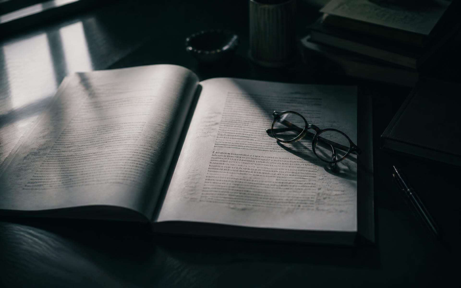 An annotated dissertation manuscript on a desk in raking window light